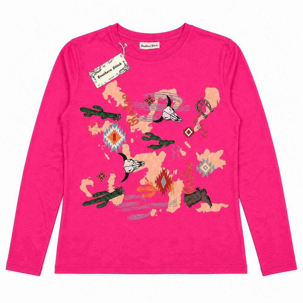 NWT Southern Stitch L Hot Pink Western Cow Skull Cactus Long Sleeve Shirt Aztec